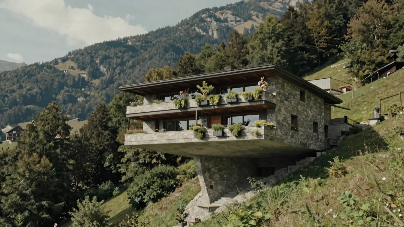 Wide architectural photograph of a suspended residence with cantilevered terraces and hanging gardens above a wooded Swi