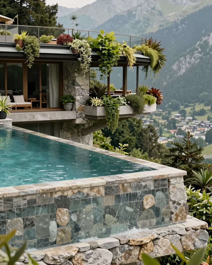 Detail architectural photograph of a cantilevered infinity pool edge and hanging garden planting on a suspended residenc