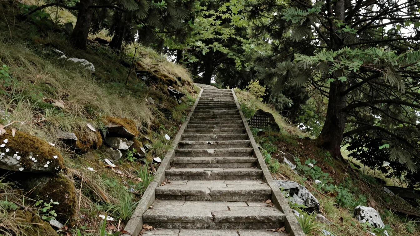 Footpath through a protected woodland on an alpine hillside, dappled soft daylight, stone steps and moss, muted greens,
