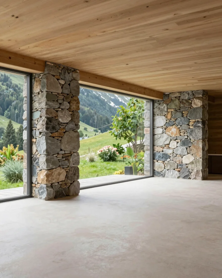 Quiet architectural detail of stone and timber within a light res