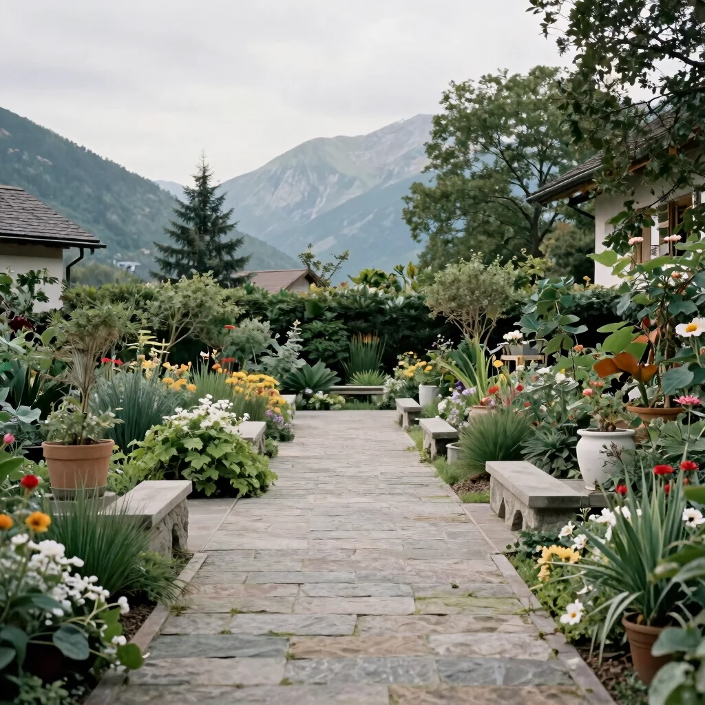 Private garden of E00 with stone paths and muted greenery in soft