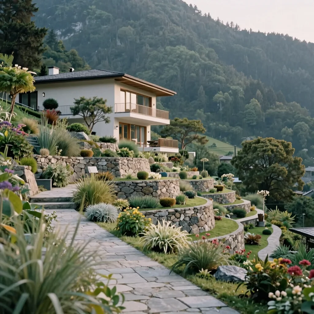 Hanging botanical terraces cascading beside a light modern reside