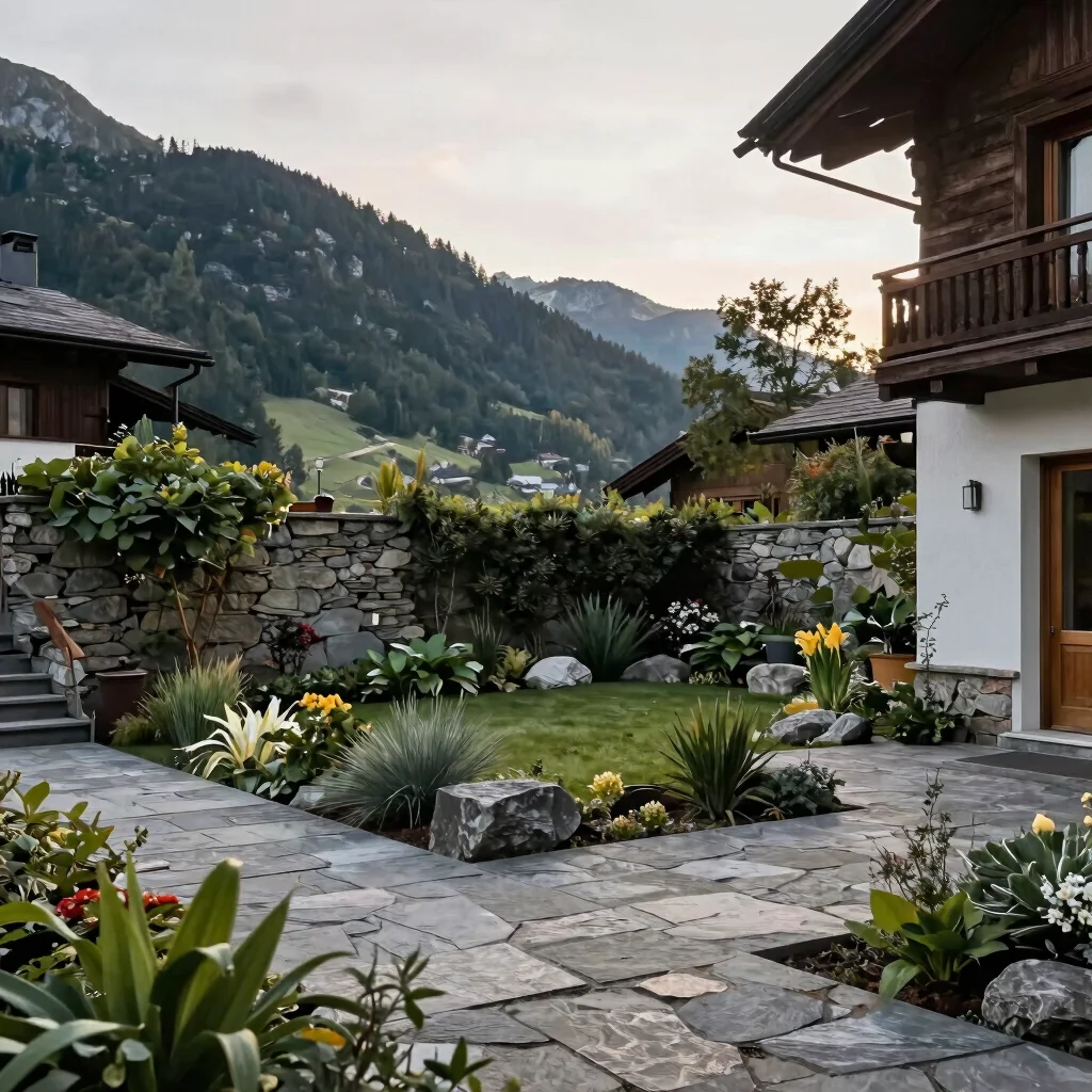 Private ground-level garden of a residence with stone paving and