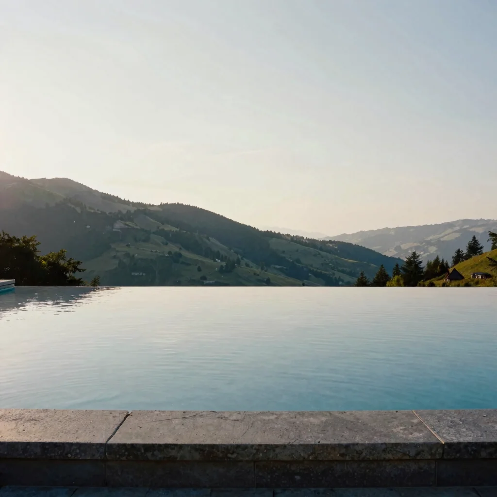 Infinity pool of E01 reflecting pale sky above a hillside, no peo