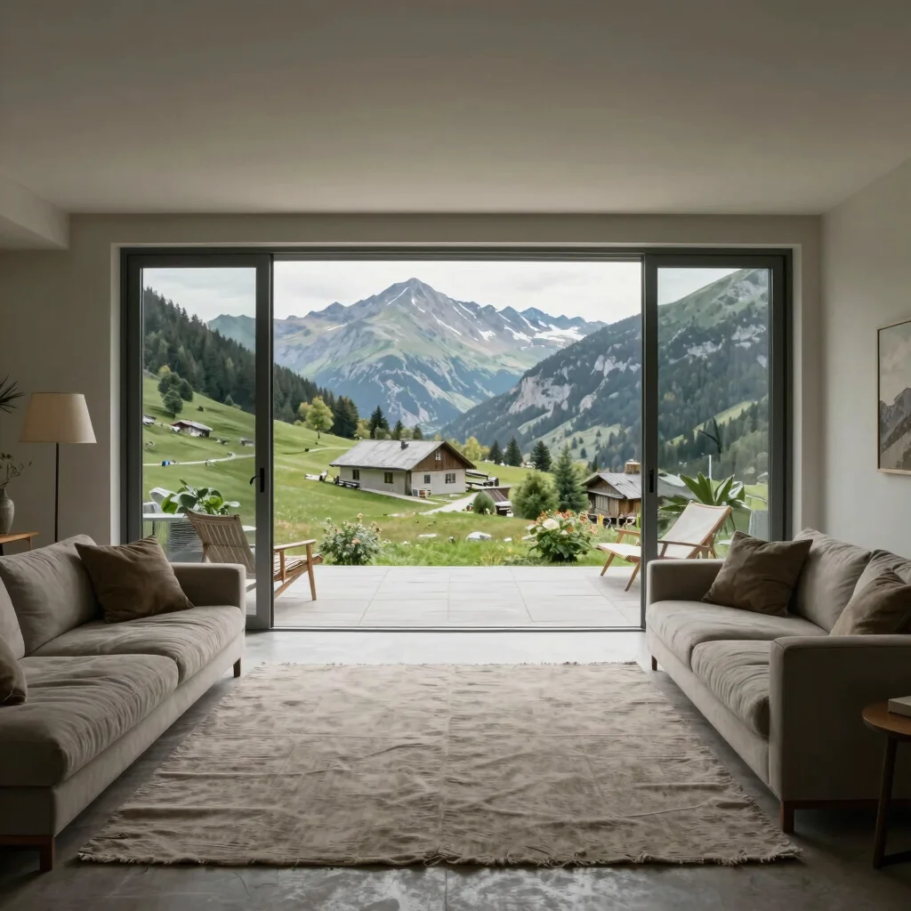 Indoor-outdoor living space opening onto a terrace, linen texture
