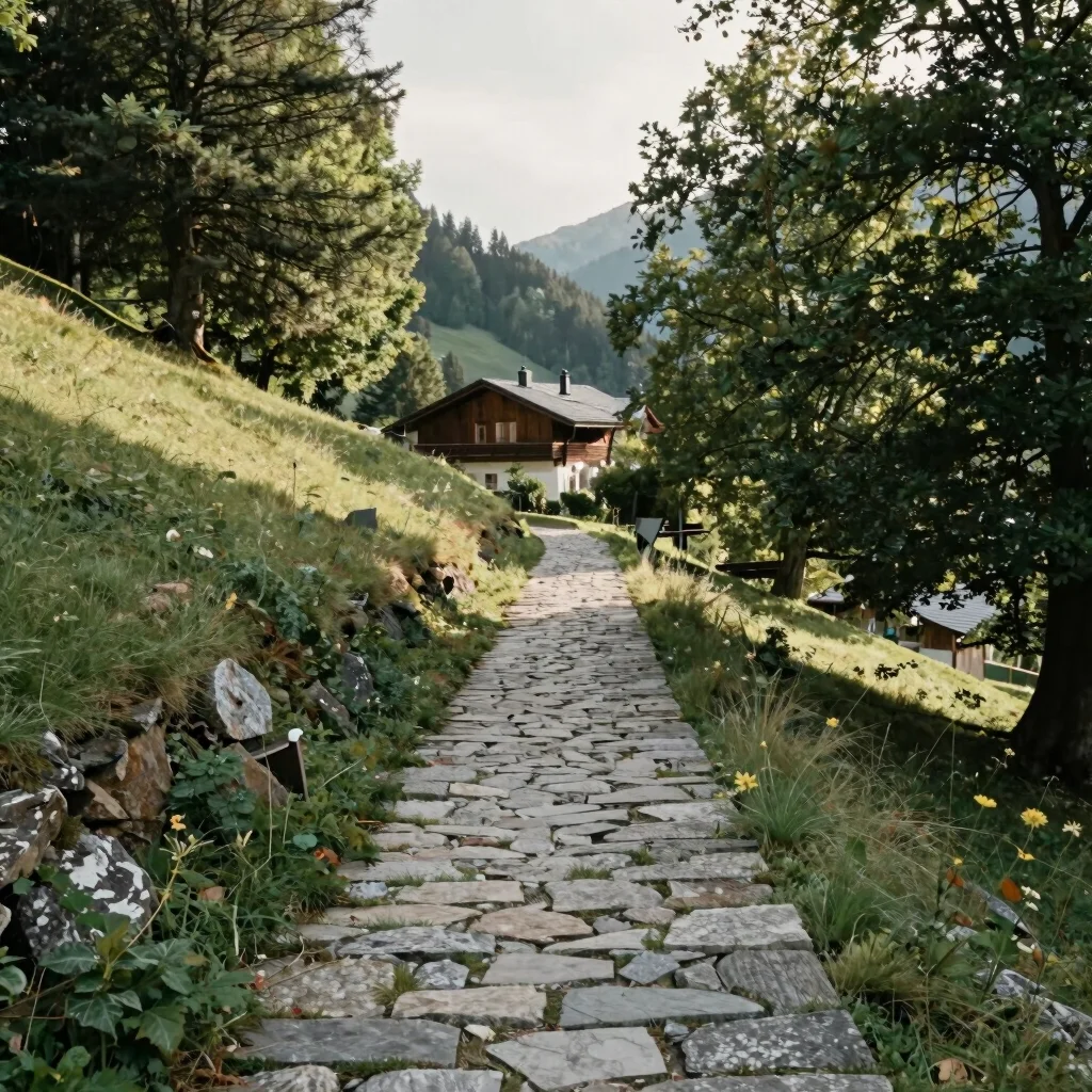 Dappled hillside light through trees on a stone path toward a res