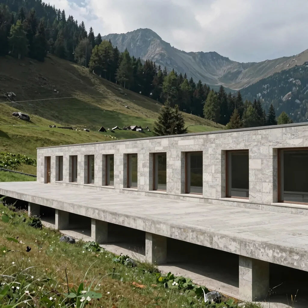 Wide medium-format architectural photograph of a cantilevered sto